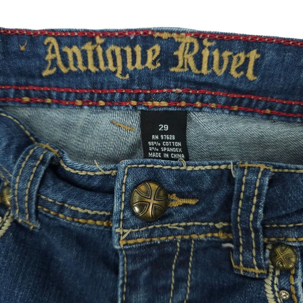Antique Rivet Jeans BootCut Western Low Rise Sz 29 Rhinestone Stretch Distressed - Picture 3 of 14
